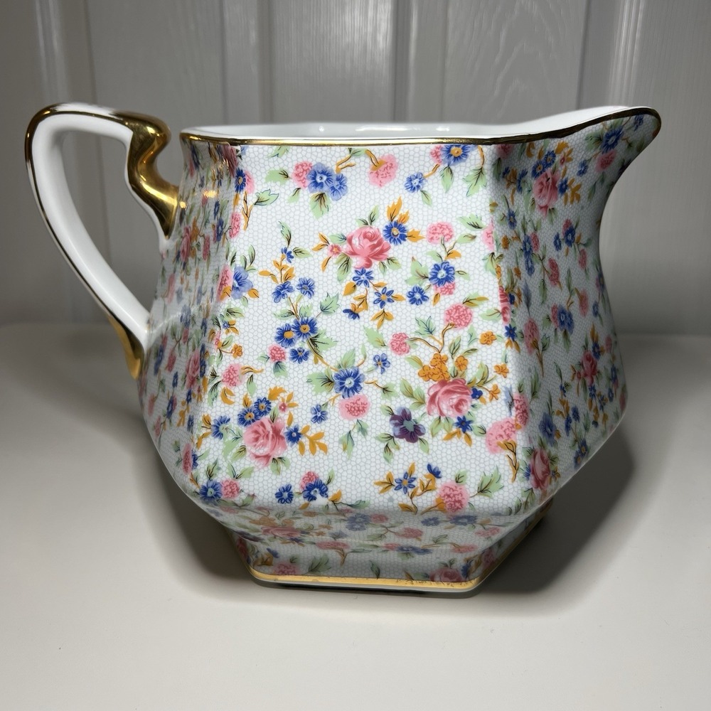 Vintage Two's Company Dana Chintz Floral Porcelain Pitcher 7" Gold Cottagecore